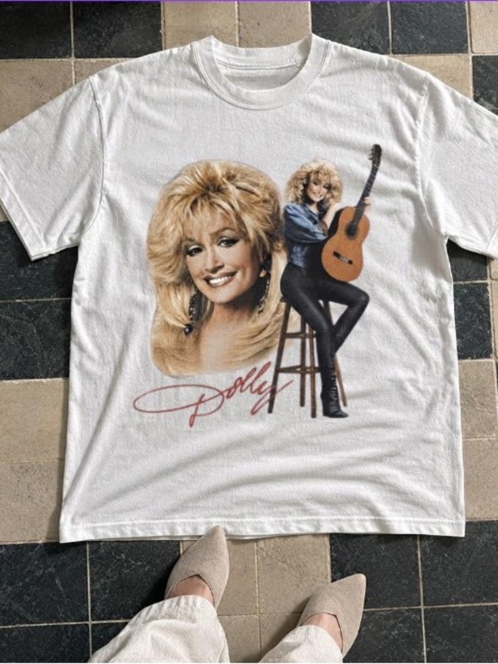 Gildan White Women's Graphic Tee with Blonde Portrait and Guitar